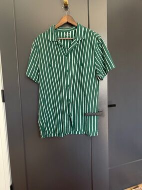 J. Crew Green Short-Sleeve Vertical-Stripe Button Shirt